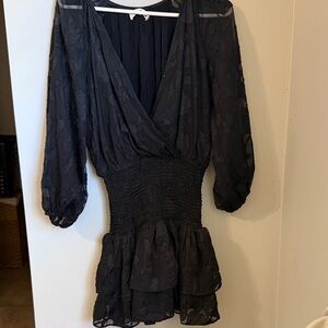 Mustard Seed Black Textured V-Neck Smocked Waist Dress